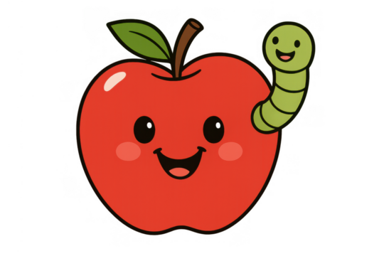 Cute cartoon apple character smiling with a cheerful green worm peeking out, friendly fruit enjoying healthy food