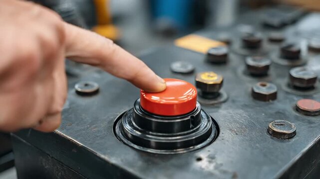 Technician pressing an emergency stop button on a metal stamping machine control panel to quickly halt operations during a safety drill