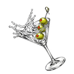 Hand-drawn pencil sketch of a classic martini glass dramatically tilted, clear liquid actively splashing outwards, with two vibrant green olives on a skewer, all on a minimalist white background,