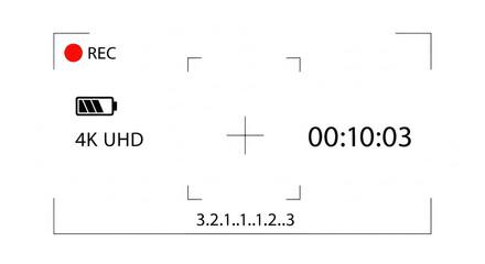 A detailed digital video camera recording interface overlay GUI on a transparent background, featuring a bright red 'REC' indicator, '4K UHD' text, '00:10:03' timecode, full battery, focus crosshair,