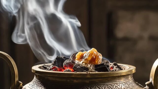 Close up view of aromatic frankincense resin burning on hot charcoal inside a decorative brass censer creating thick smoke in dark ritual setting