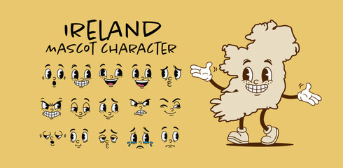 Vintage Ireland country map mascot character with cartoon facial expression set