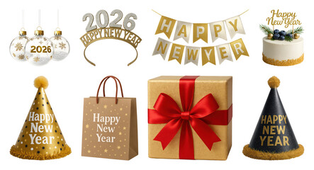 PNG Festive New Year celebration items, element set on transparent background