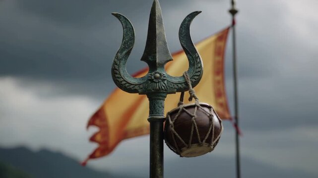 Religious trishula trident with damaru drum standing outdoors under a dramatic dark cloudy sky symbolizing hindu devotion