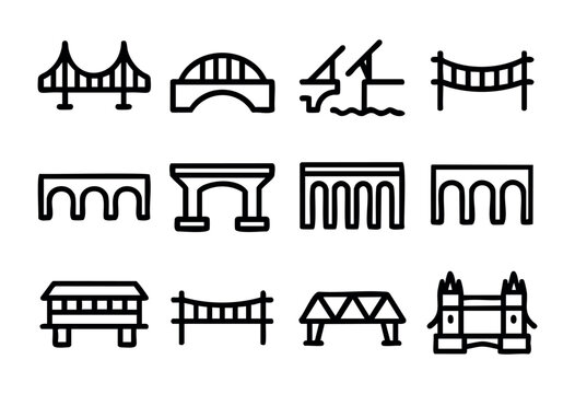 Set of bridge icon collection in simple bold-line style: suspension bridge, arch bridge, drawbridge, aqueduct, viaduct, covered bridge, tower bridge, truss bridge.