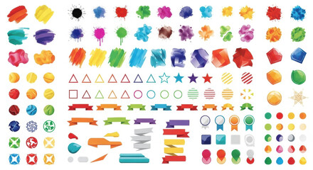 A comprehensive collection of diverse vector graphic design elements including paint strokes, ink splatters, geometric shapes, ribbons, buttons, and icons in a vibrant rainbow color palette, neatly