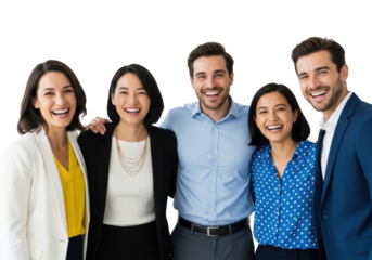 Five diverse young to middle-aged business professionals in smart attire, arms around each other, smiling and laughing cheerfully at camera against a transparent studio background, concept of