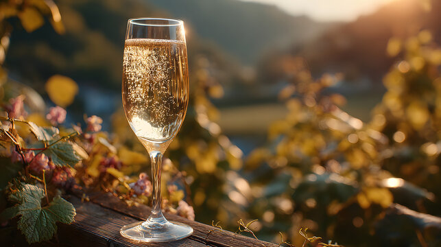 Sampling premium sparkling brut champagne in the sunlit vineyards of Cote des Blancs near Cramant and Avize France outdoors