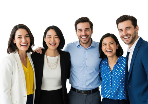 Five diverse young to middle-aged business professionals in smart attire, arms around each other, smiling and laughing cheerfully at camera against a transparent studio background, concept of
