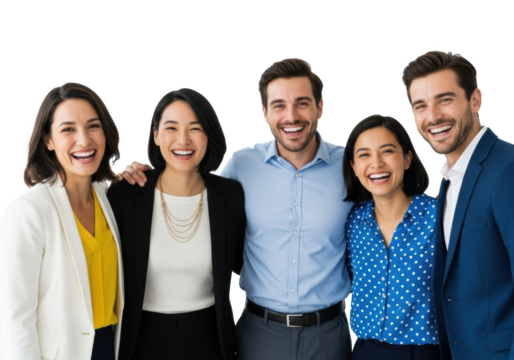Five diverse young to middle-aged business professionals in smart attire, arms around each other, smiling and laughing cheerfully at camera against a transparent studio background, concept of