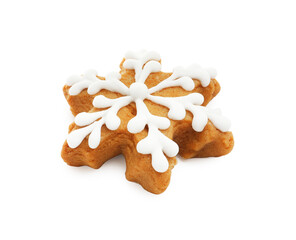 Gingerbread cookie in shape of snowflake isolated on white. Christmas treat