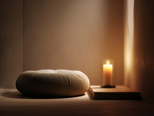Meditation corner with cushion and candle, warm diffused light, minimalist zen environment.
