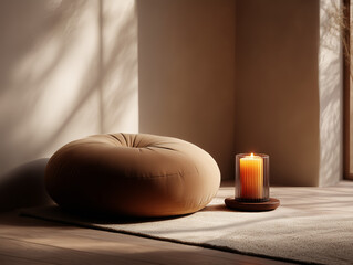 Meditation corner with cushion and candle, warm diffused light, minimalist zen environment.