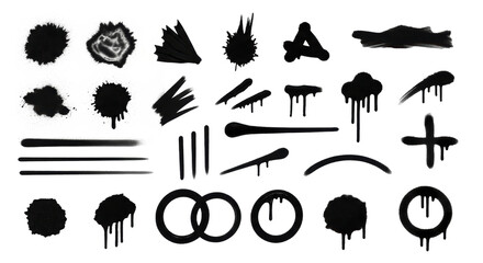 A collection of black spray paint smudges, splatters, drips, lines, circles, and crosses with authentic textures and fluid effects, isolated on a transparent background with copy space, studio