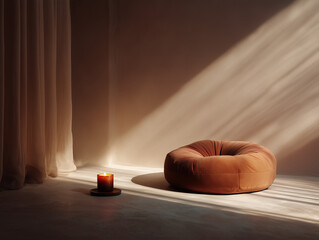 Meditation corner with cushion and candle, warm diffused light, minimalist zen environment.