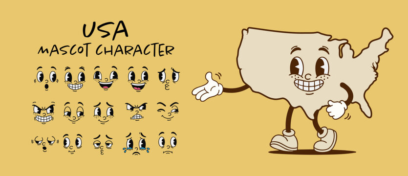 Vintage USA country map mascot character with cartoon facial expression set
