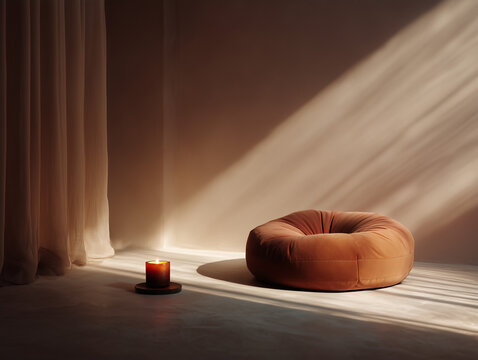 Meditation corner with cushion and candle, warm diffused light, minimalist zen environment.