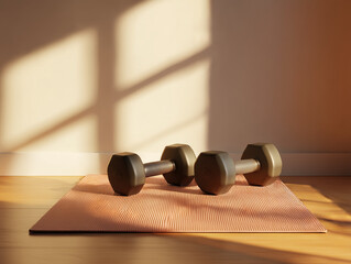 Minimalist workout setup with dumbbells and yoga mat, soft morning light, clean composition