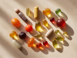 Neat arrangement of vitamins and supplements , soft natural light.