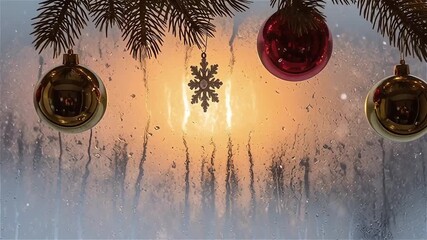 Experience the cozy magic of Christmas with festive ornaments glistening against a frosty window, perfect for holiday greetings and warm winter vibes