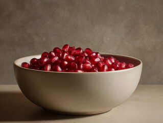 Pomegranate seeds in a minimalist bowl, soft light, neutral tones