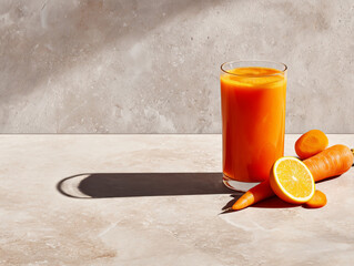 Orange-carrot detox juice on a pale stone table, minimal props, bright clean light