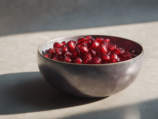 Pomegranate seeds in a minimalist bowl, soft light, neutral tones