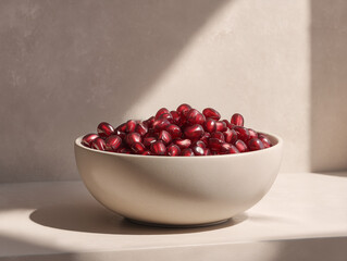 Pomegranate seeds in a minimalist bowl, soft light, neutral tones