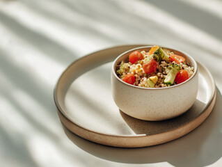 Fresh tabbouleh salad, clean stone surface, soft daylight, magazine-style composition.