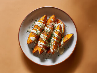 Roasted sweet potatoes with tahini drizzle, minimalist warm-toned setting, editorial photography
