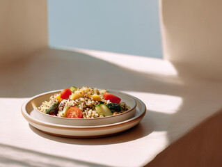 Fresh tabbouleh salad, clean stone surface, soft daylight, magazine-style composition.