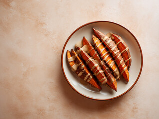 Roasted sweet potatoes with tahini drizzle, minimalist warm-toned setting, editorial photography