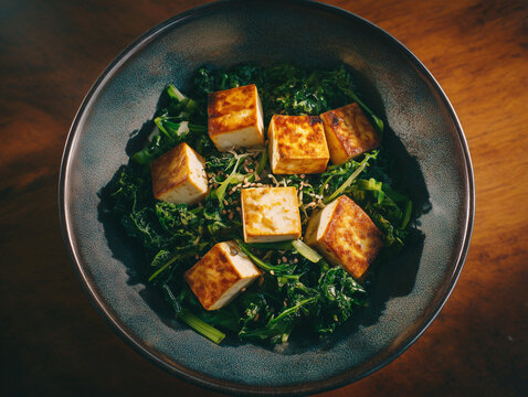Protein bowl with tofu and greens, minimal Japanese-inspired surface, diffused light.