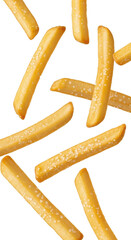 Golden-brown french fries with crispy texture and glistening salt, plump and freshly cooked, dynamically floating mid-air against a seamless transparent background with negative copy space, concept