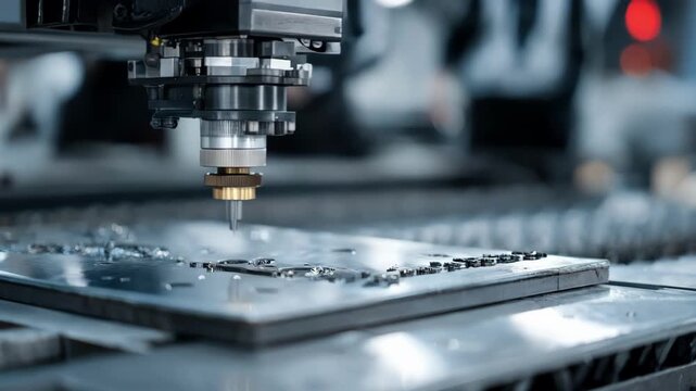 Multiaxis engraving machine crafting detailed prototype designs on metal sheets with precision in a modern industrial workshop environment.