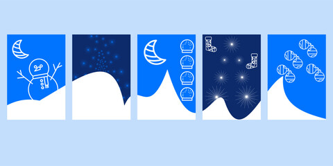 Flat Minimal Winter Holiday Card Set with Snowman, Moon, Ornaments, and Snow Hills