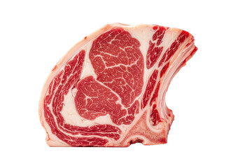 A large, pristine, raw bone-in ribeye steak with vibrant red lean meat, creamy white marbling, and a prominent bone, meticulously shot with a macro lens on a transparent studio background with copy