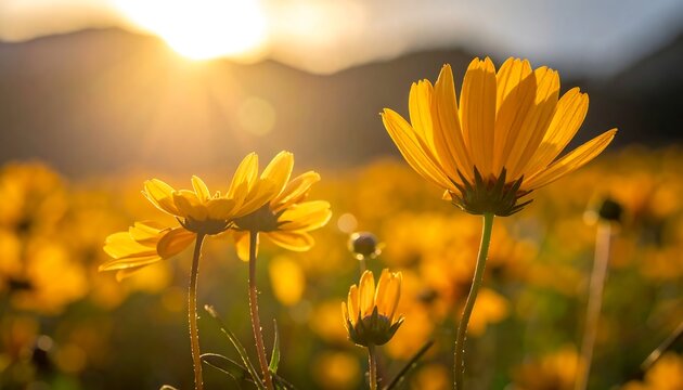 Golden field of Coreopsis wildflowers at sunset, mountains backdrop, sunny backlight