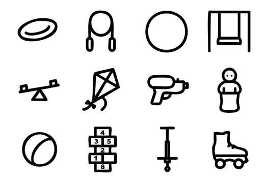 Set of outdoor game icons in bold-line style: frisbee, jump rope, hula hoop, swing, seesaw, kite, water gun, sack race, ball, hopscotch, pogo stick, roller skate.