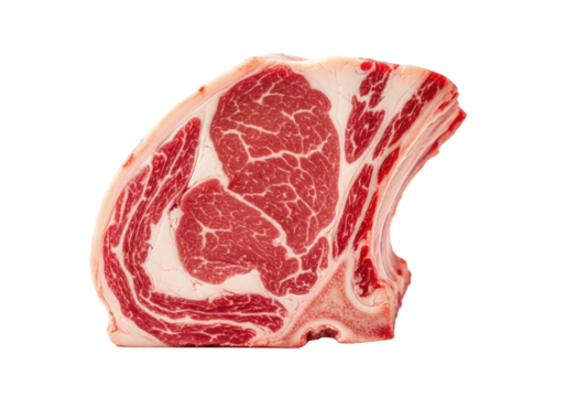 A large, pristine, raw bone-in ribeye steak with vibrant red lean meat, creamy white marbling, and a prominent bone, meticulously shot with a macro lens on a transparent studio background with copy