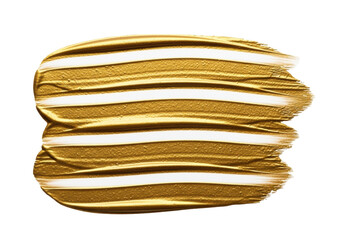 A shimmering, close-up macro shot of a metallic gold paint stroke with rough, hand-painted texture and sharp horizontal white streaks, isolated on a transparent background with copy space. Concept