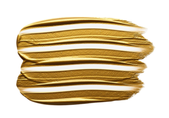 A shimmering, close-up macro shot of a metallic gold paint stroke with rough, hand-painted texture and sharp horizontal white streaks, isolated on a transparent background with copy space. Concept