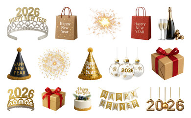 PNG Festive New Year celebration elements, element set on transparent background