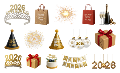 PNG Festive New Year celebration elements, element set on transparent background