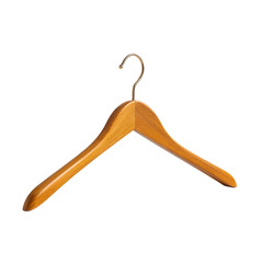A wooden clothes hanger isolated on a white background in transparent png style, featuring smooth wood, curved shape, and sturdy metal hook.