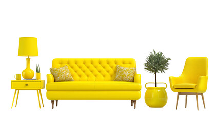 A 3D yellow interior room design with a drawer, sofa, chair, and vase isolated on white background in transparent png style.
