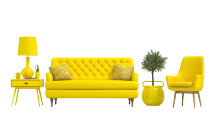 A 3D yellow interior room design with a drawer, sofa, chair, and vase isolated on white background in transparent png style.
