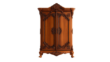 A vintage brown antique cupboard isolated on a white background in transparent png style, featuring aged wood, classic doors, and ornate details.