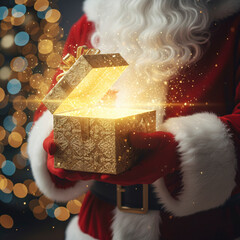 Santa Claus Holding a Magical Golden Gift Box Glowing with Bright Light and Sparkles, Against a Bokeh Christmas Tree Background, Representing Holiday Surprise, Generosity, and Festive Wonder