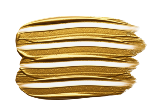 A shimmering, close-up macro shot of a metallic gold paint stroke with rough, hand-painted texture and sharp horizontal white streaks, isolated on a transparent background with copy space. Concept